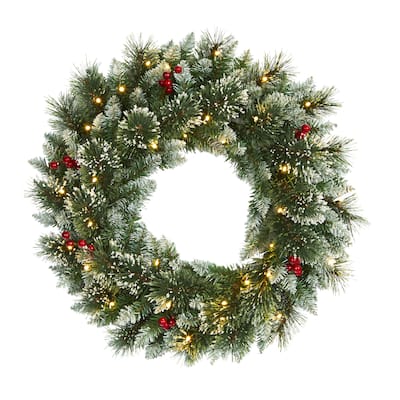 24" Frosted Swiss Pine Wreath with 35 Clear LED Lights and Berries