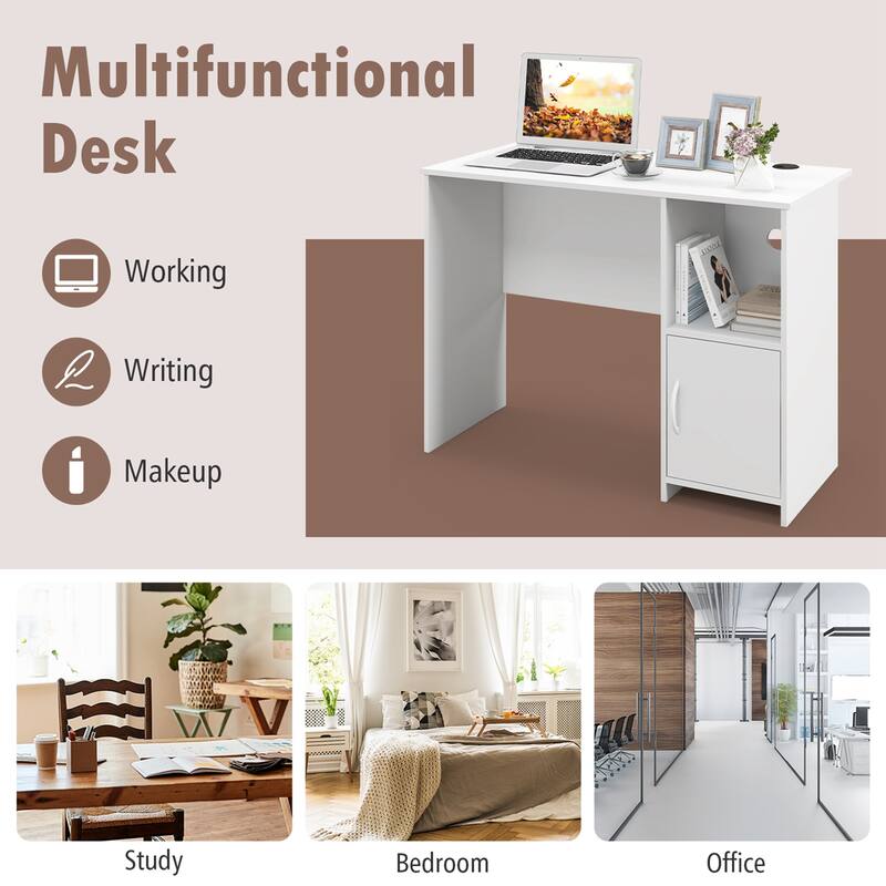 Costway Modern Computer Desk with Cabinet Cable Holes & Open Shelf