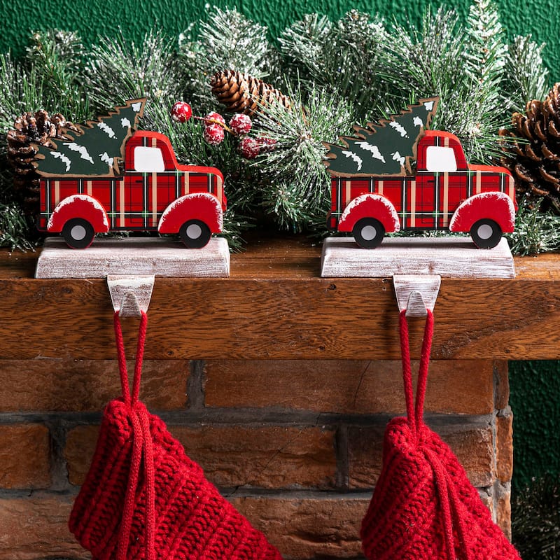 Glitzhome Wooden/Metal Red Truck Dachshund Reindeer Tree Stocking Holder Mantel Ornament for Christmas