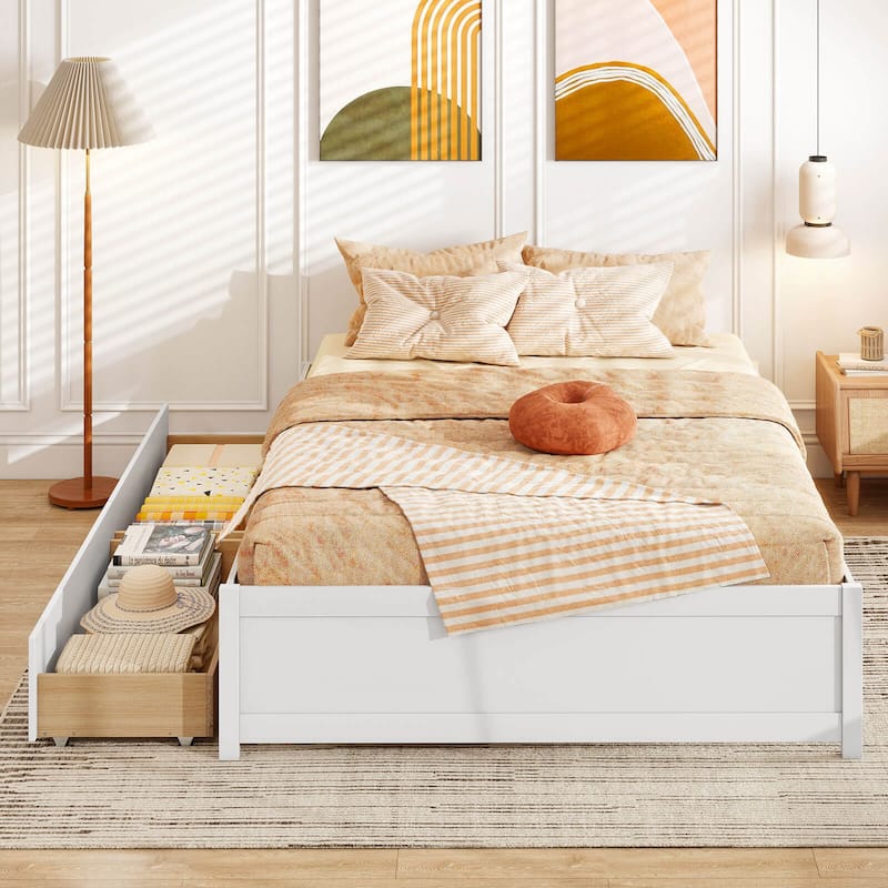 Costway Full/Queen Size Wooden Platform Bed with 2 Rolling Storage