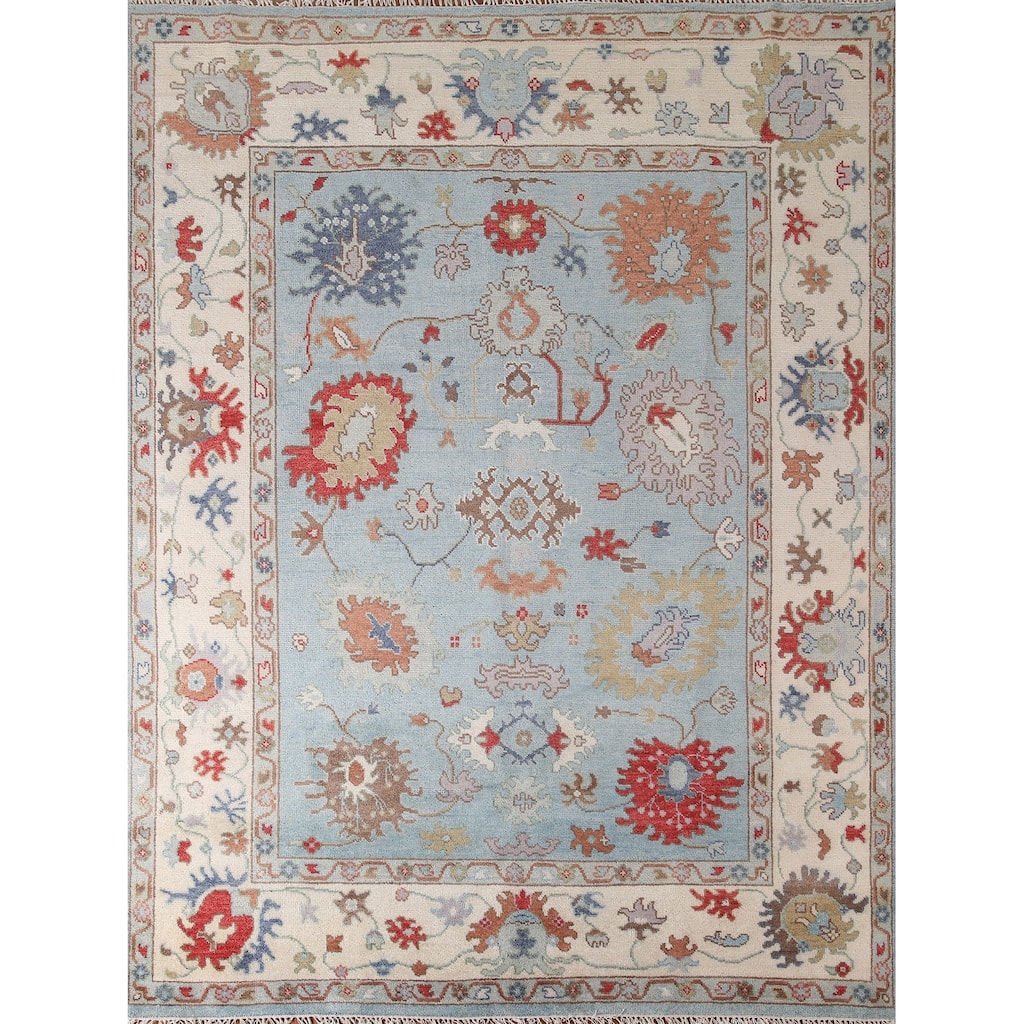 Light Blue Floral Oushak Area Rug Hand-Knotted Wool Carpet - 8'0"x 9'8"