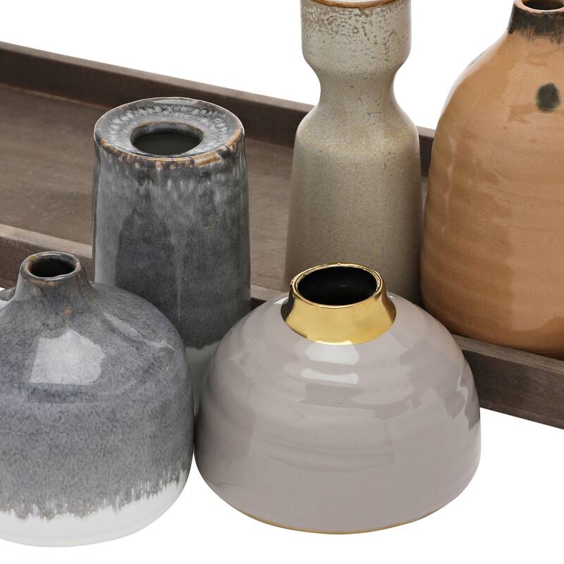 Mango Wood Tray with Candle Holders and Vases