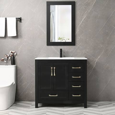 Eclife 36'' Bathroom Vanities Cabinet with Sink Combo Set Drop in Ceramic Sink with Thickened Wood Matte Black Faucet Mirror