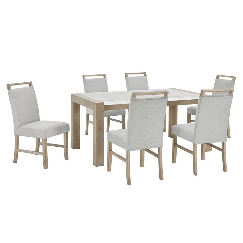Tabitha 7Pc 66"W Rectangular White Faux Marble Top Dining Set in Light Oak Finish