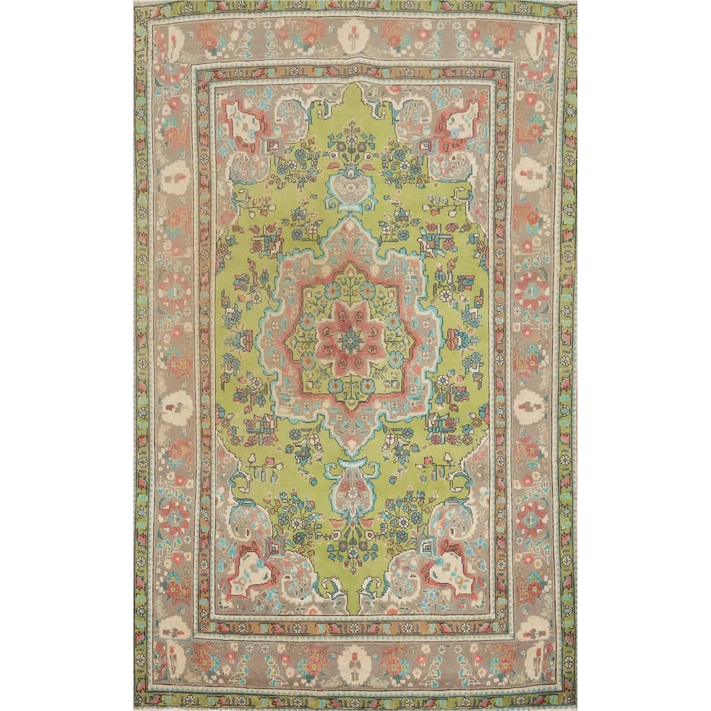 Hand Knotted Oriental 100% Wool Carpet Traditional Floral Green Tabriz Area Rug - 9' 7'' X 6' 5''