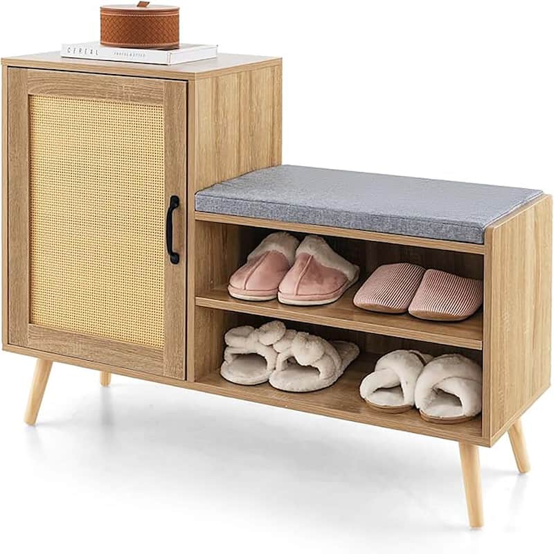2-in-1 Rattan Shoe Cabinet w/ Bench 3 Adjustable Shelves & Wood Legs - Natural