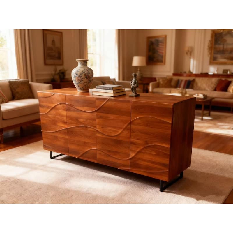 GDF Studio - Marlow Modern Wood Sideboard with Wave Relief Design and Iron Legs - Wood