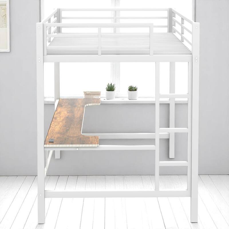 Twin/Full Size Gaming Metal Loft Bed with Desk, Remote LED Light & USB Charging Station - Space-Saving Frame