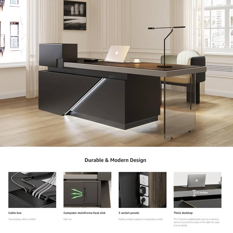 Black L Shaped Office Industrial Executive Desk with Cable Box Socket and LED Light