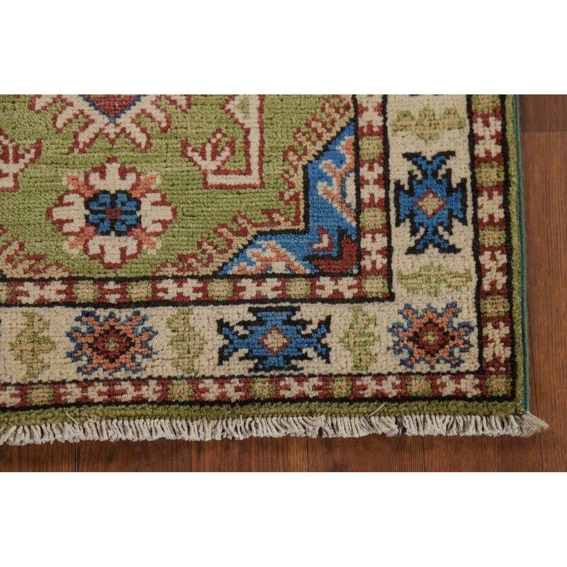 Hand Knotted Oriental 100% Wool Carpet Traditional Geometric Green Kazak Area Rug - 3' 1'' X 2' 0''