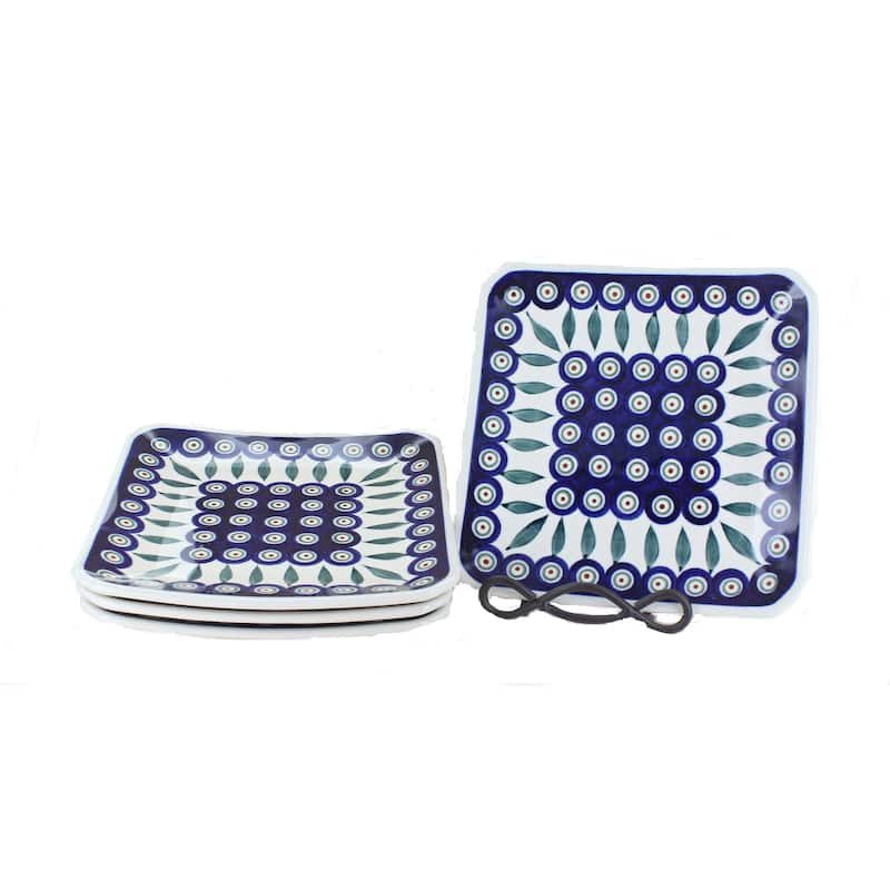 Blue Rose Polish Pottery 2040-4 Zaklady Sq Dessert Plate Set - Peacock