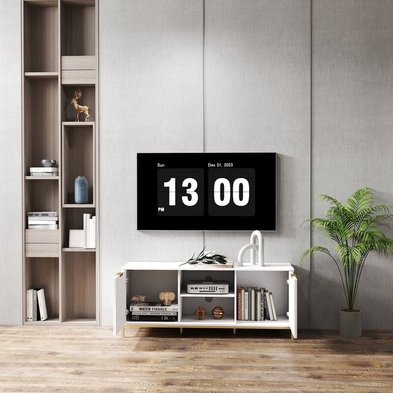 Modern Stylish TV Stand, Entertainment Center TV Stand with Solid Wood Frame and Rainbow Glass Door, for Living Room