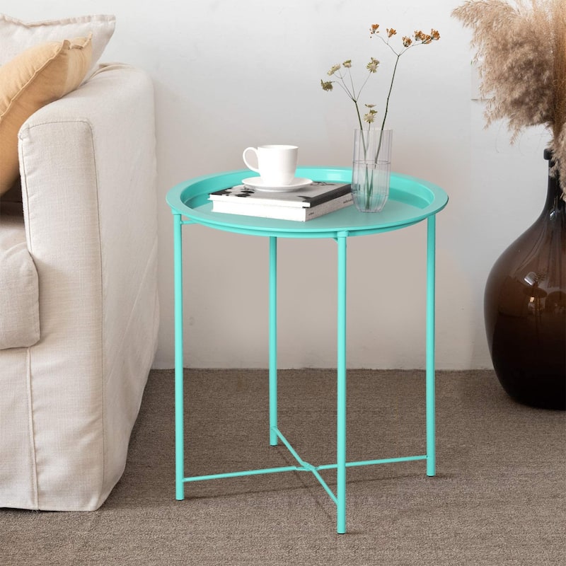 Javlergo Set of 2 Folding Round TV Tray Tables, Small Round Steel Side Table, No Assembly Required - 18.5 x 18.5 x 19.7 in