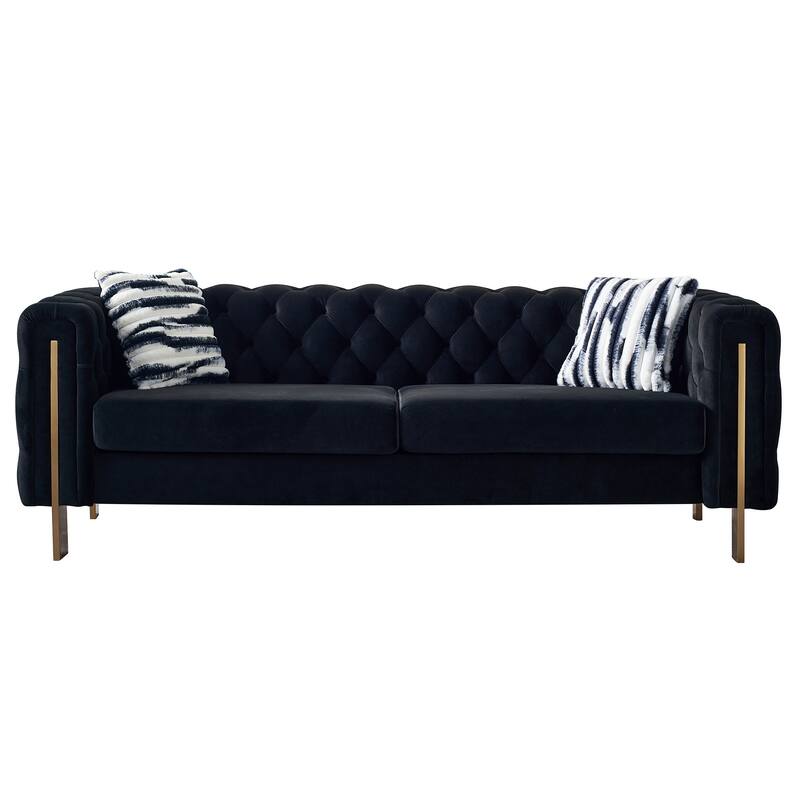 84.25" Velvet Chesterfield Sofa with Button Tufting, Gold Metal Legs, and Toss Pillows for Living Room Comfort - Black