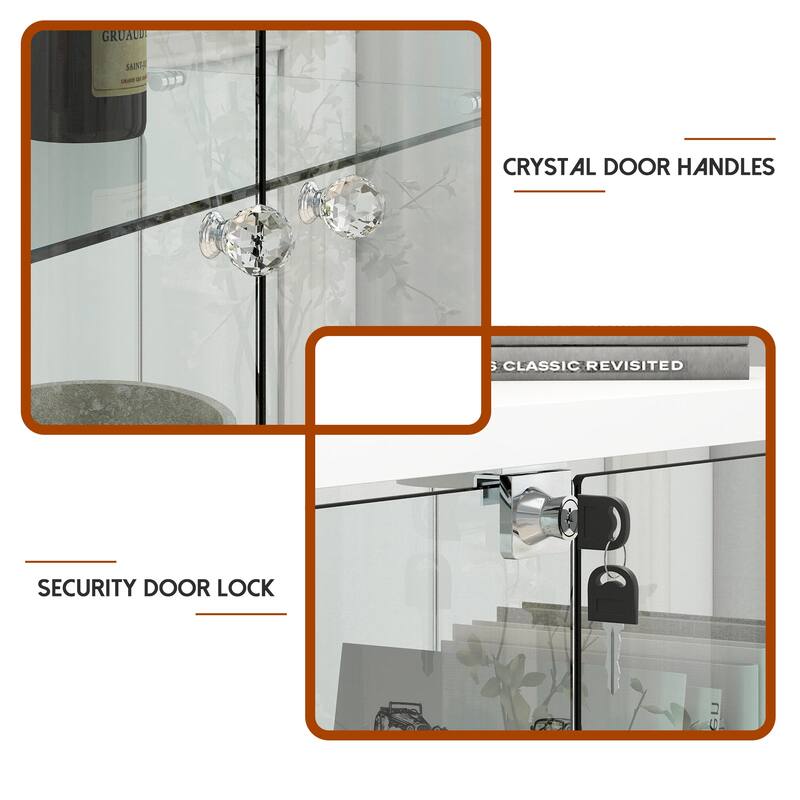 Glass Display Cabinet With Drawer,Cabinet With Led Lights,Tempered Glass Bookshelf, 1-Door Storage Case With 4 Shelves