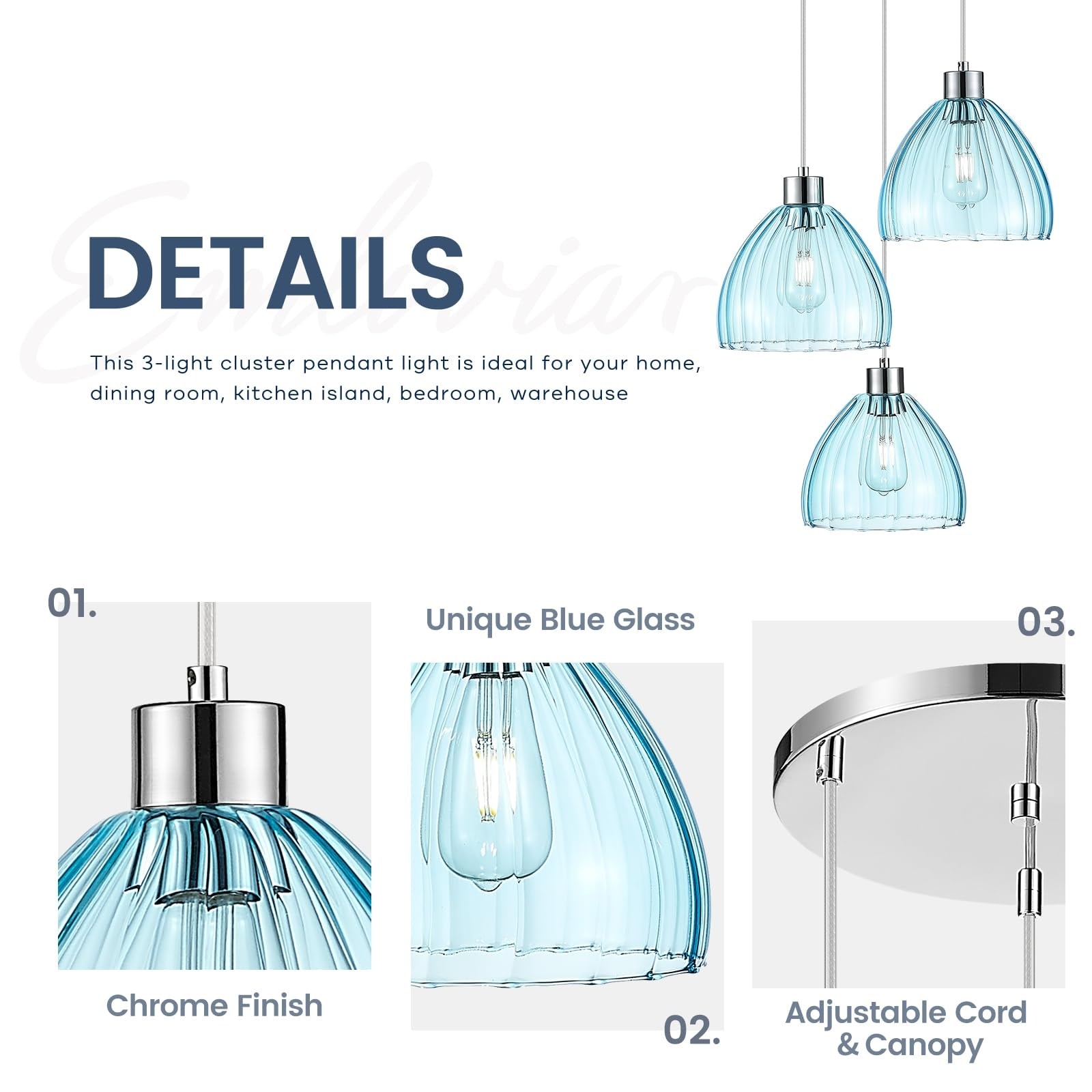 3-Light Cluster Pendant Light, Pendant Light, Blue/Clear Glass
