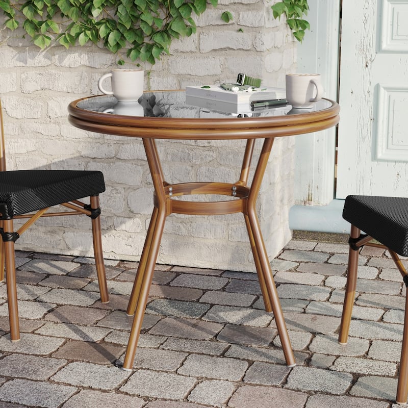 Indoor/Outdoor Commercial Glass Top Bistro Table - Black Textilene/Natural Frame