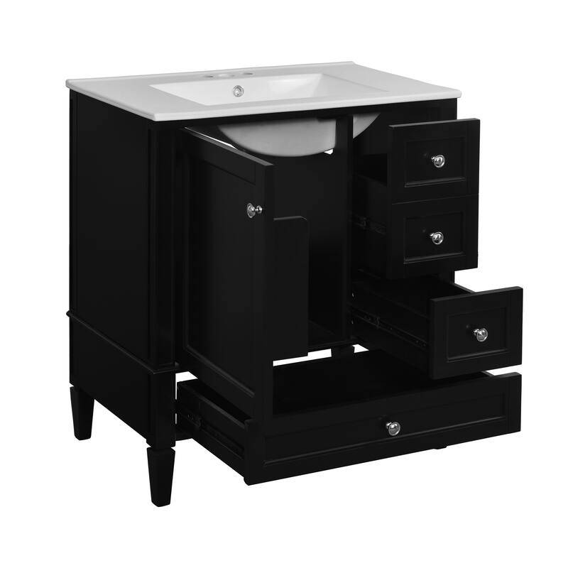 30" Bathroom Vanity with Ceramic Sink - Solid Wood Frame with 3 Drawers, Modern Bathroom Storage Cabinet