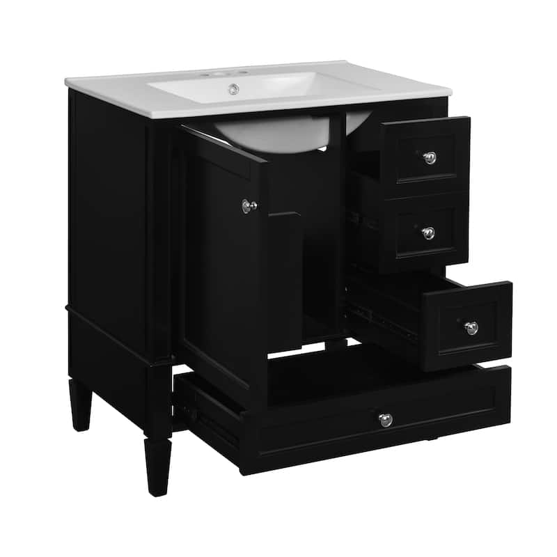 Roomfitters 30" Vanity with Ceramic Sink, Solid Wood Frame Bathroom Cabinet with 3 Drawers, Modern Storage Design