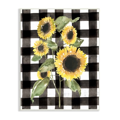 Stupell Classic Yellow Sunflower Floral Bunch Buffalo Check Plaid Wood Wall Art