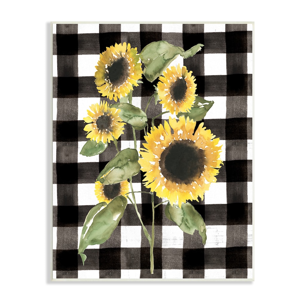 Stupell Classic Yellow Sunflower Floral Bunch Buffalo Check Plaid Wood Wall Art