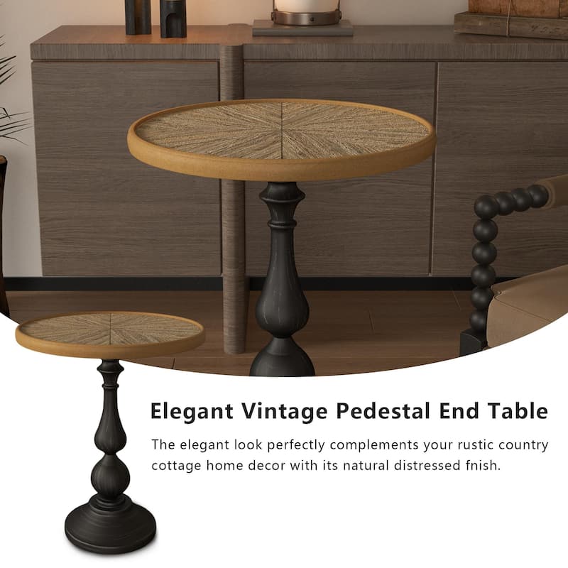 Anmytek Vintage Pedestal End Table Rustic Distressed Top Black Cottage Living Room Side Table
