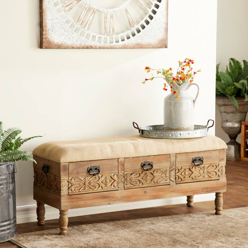 Wood Floral Intricately Carved Storage Bench with Cream Burlap Top - Brown - Roche River Decor - 16"W x 47"L x 20"H