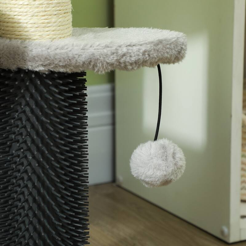 PawHut 20" Cat Tree, 2 in 1 Cat Tower 3-Step Pet Stairs with Scratching Posts, Tickling Post, Toy Balls, for High Bed,Light Gray