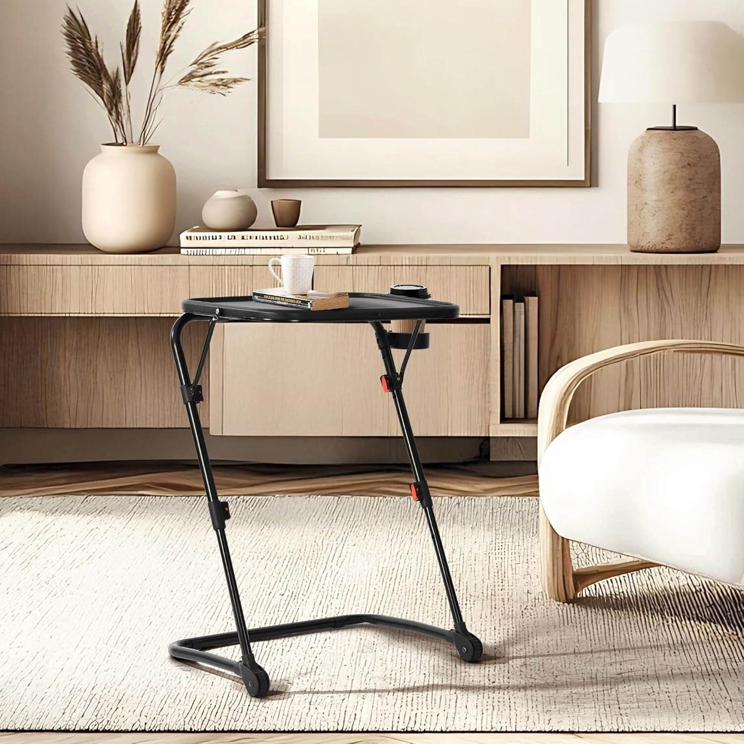 Z-Shaped End Table with Cup Holder, Foldable Side Tray for Sofa