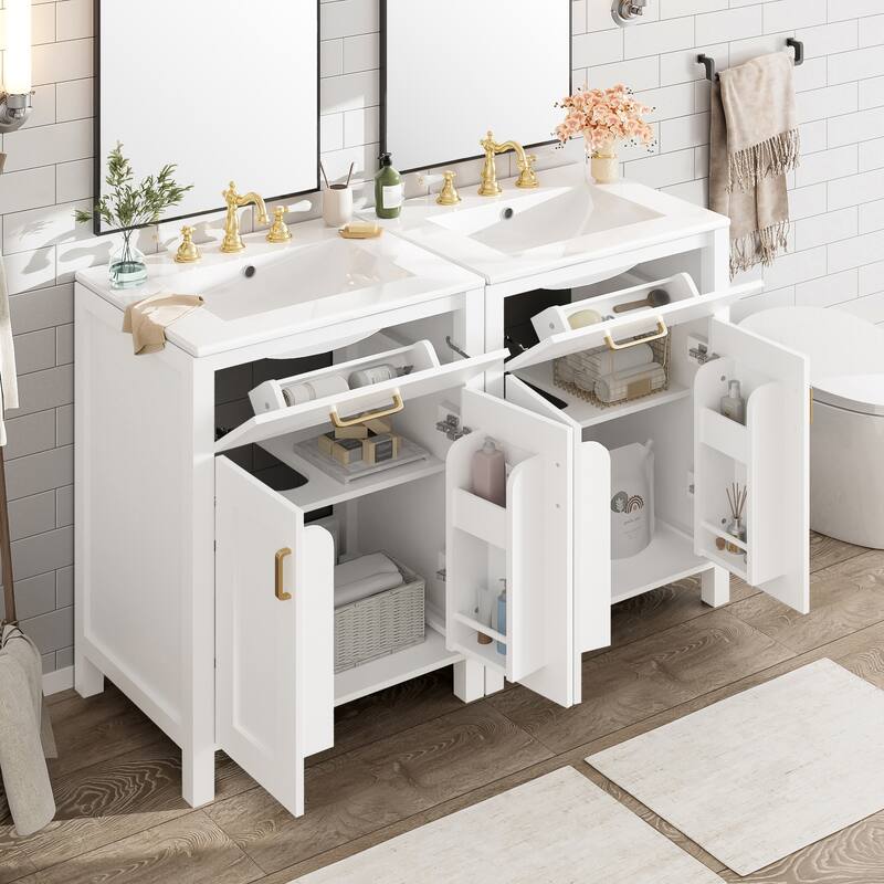 Modern 48" Bathroom Vanity Cabinet with Sinks, Flip Drawers, Double-Layer Door Shelves, Gold Handles and Soft-Close Doors