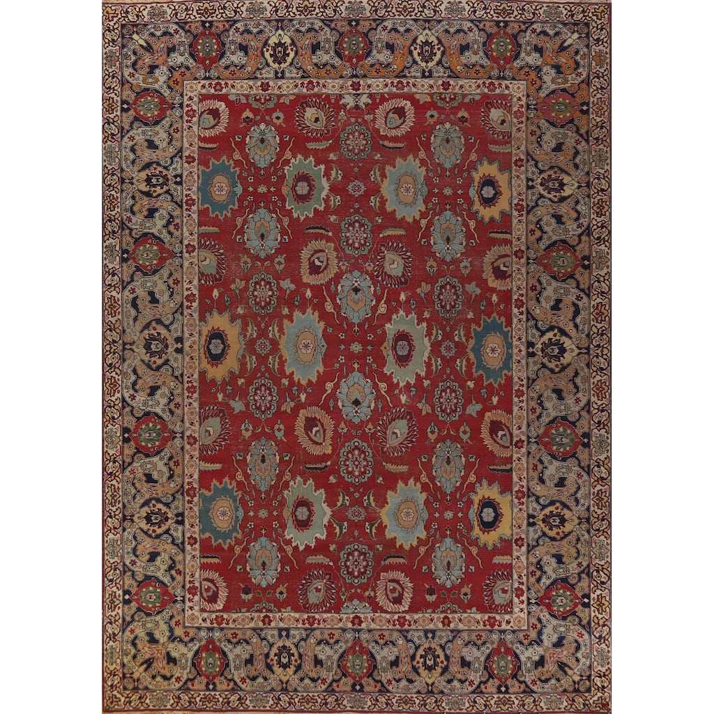 Hand Knotted Oriental 100% Wool Carpet Traditional All-Over Red Tabriz Area Rug - 13' 6'' X 10' 2''