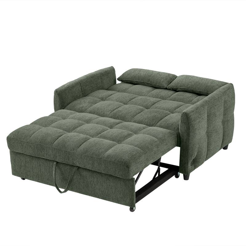 Anmytek Green 52.8 Inch Tufted Loveseat Pull-out Sofa Bed with Adjustable Backrest 3 USB Ports 2 Lumbar Pillows