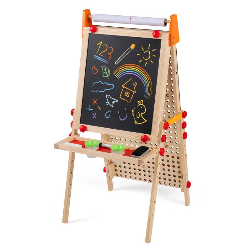 Gymax 4-in-1 Wooden Kids Art Easel w/Paper Roll Storage Tray & Marble