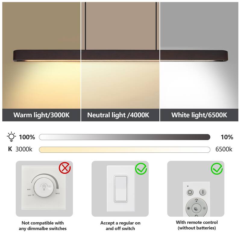 39-inch Walnut Wood Modern LED Pendant Light, Adjustable Hanging Light for Dining Room, Kitchen, Living Room