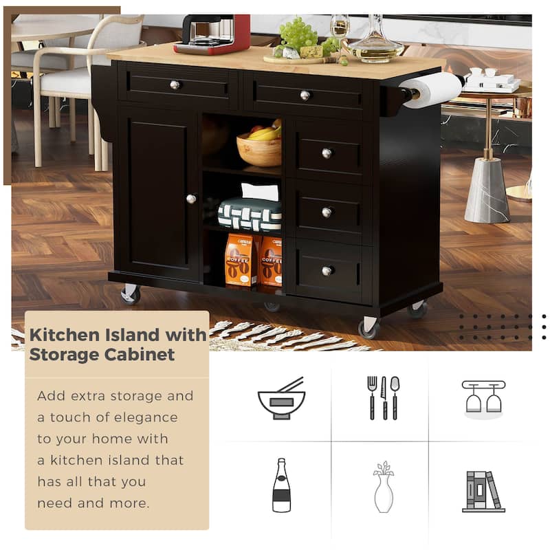 Kitchen Island Cart with Rubber Wood Desktop and 5 Storage Draws, Rolling Roller Storage Cabinet for Dining Room, Home Bar
