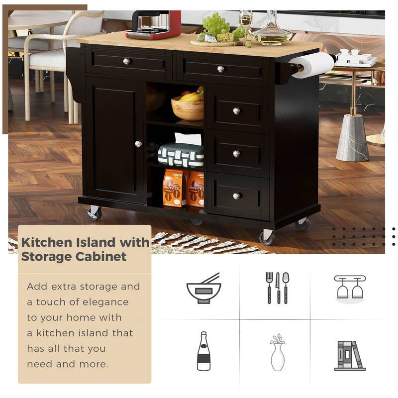 Rolling Kitchen Island Kitchen Cart with Rubberwood Tabletop Storage Space and 5 Drawers, for kitchen, White