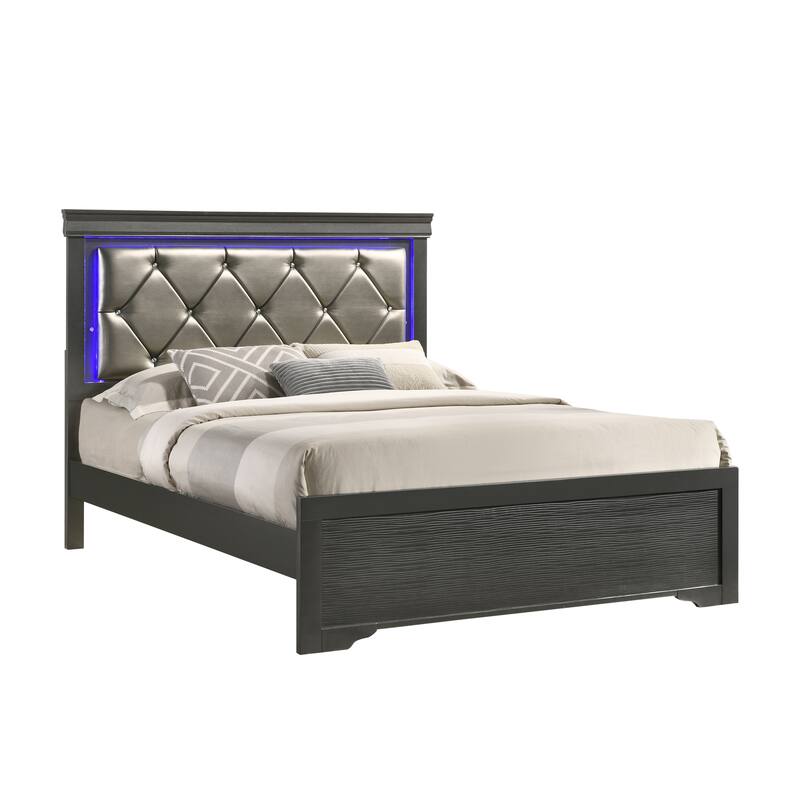 Modern Twin Size LED Bed with Wood Frame in Gray