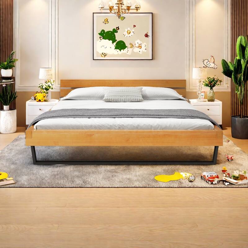 King Size Platform Bed with Reinforced Plywood Slats, Geometric Design - Black+Natural