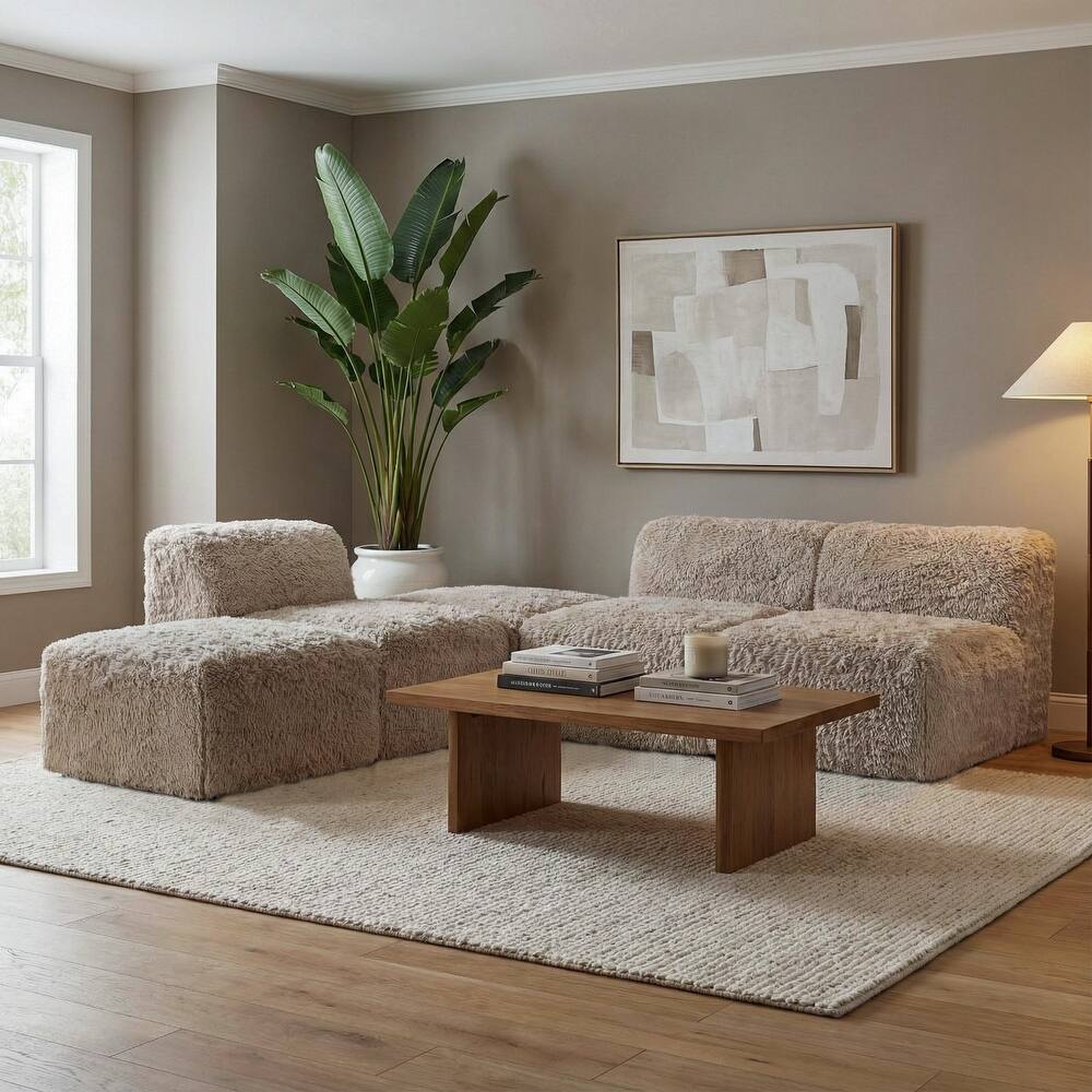 Furniture of America Ylena Modern 5-Piece Faux Fur Foam Modular Armless Compressed Sectional Sofa with Ottoman