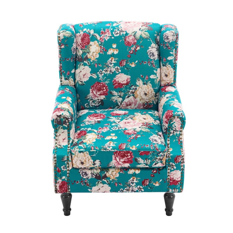 Traditional Floral Patterned Wingback Armchair with Nailhead Trim