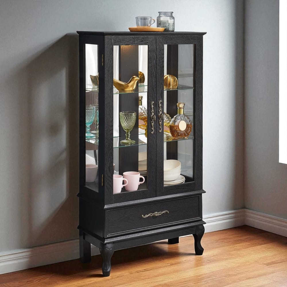 Lighted Curio Cabinet with Glass Doors, Adjustable Shelves & Mirrored Back, 2-Door Display Cabinet with Drawer for Home Decor