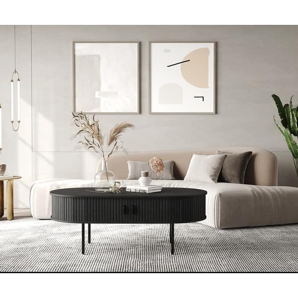 Rye Studio Nicola Mid-Century Modern Rounded Sliding Door Coffee Table 47x24 - Black Oak