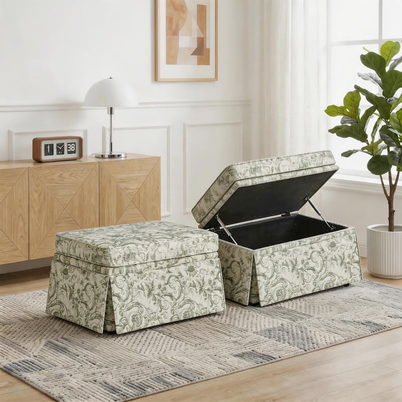 2 Set Rectangle Chenille Upholstered Storage Ottoman - Rococo Green