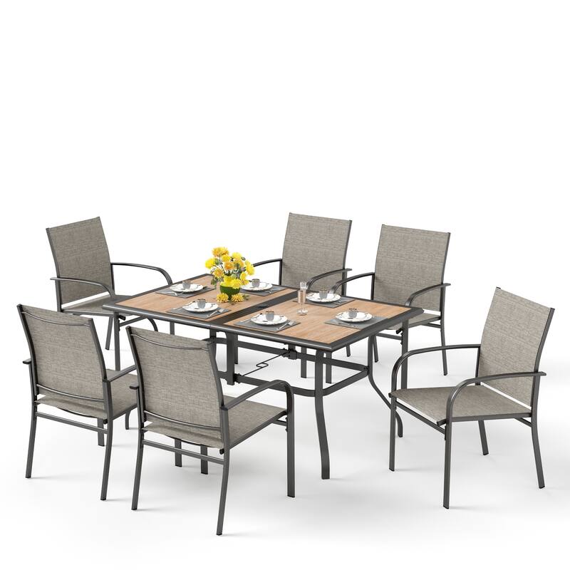 MAISON ARTS 7-Piece Patio Dining Set Wood-look Rectangle Table and 6 Textilene Chairs