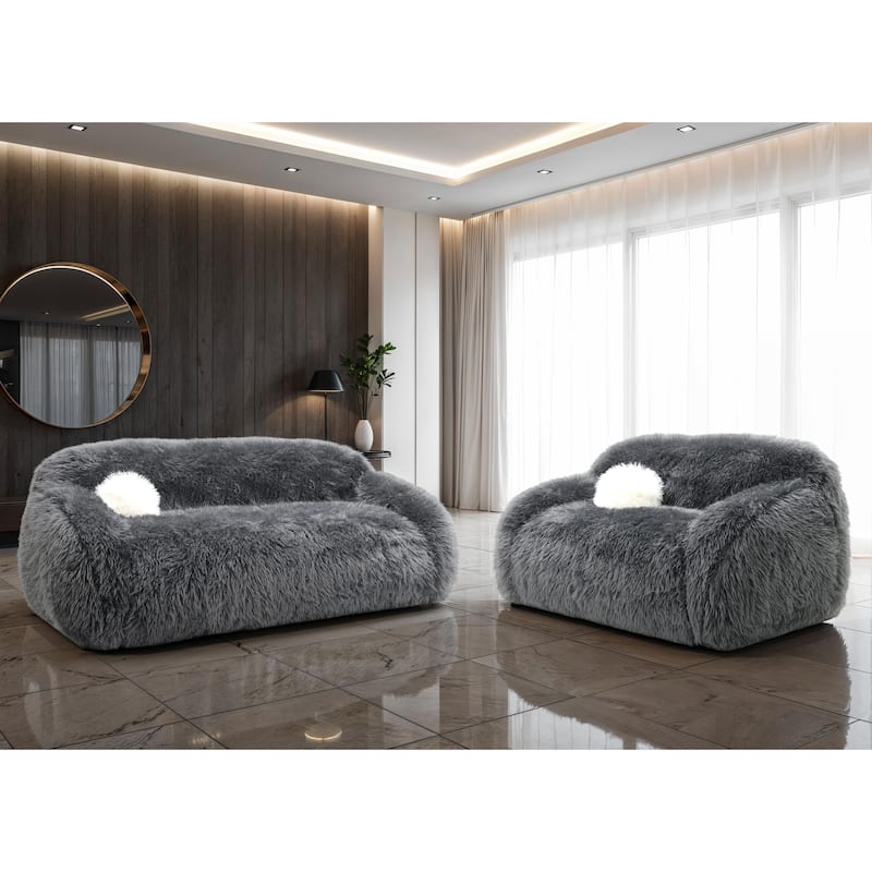 Furniture of America Cynra Modern 2-Piece Faux Fur Sofa Set with Ball Pillows - Dark Grey Long-Haired