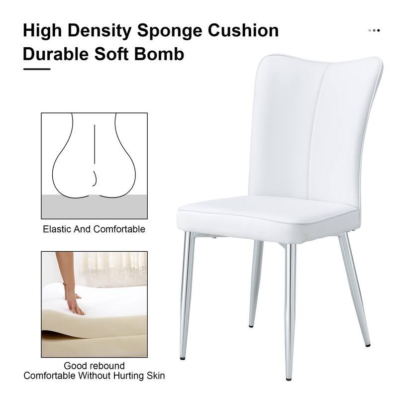 Modern Minimalist PU Leather Dining Chairs with/ Curved Backrest & Seat Cushions & Electroplated Metal Chair Legs - Set of 4