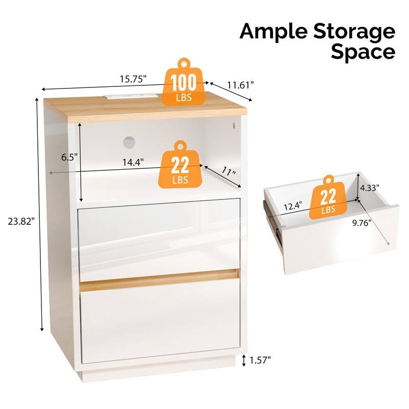 15.7 Inches W High Gloss White and Oak Nightstand 2 Drawers RGB Strip US Outlet 2USB+2AC