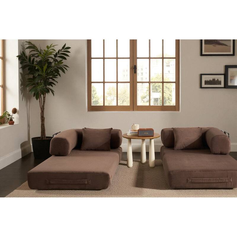 Convertible Corduroy Sleeper Sofa Bed, 4-in-1 Folding Mattress Couch with Cylindrical Pillow & Fixed-Shape Frame, No-Assembly