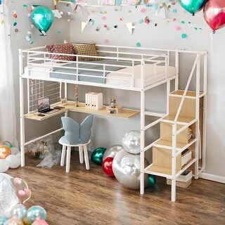 White White Loft Bed with Desk and Storage Wardrobe,Twin Size for Home
