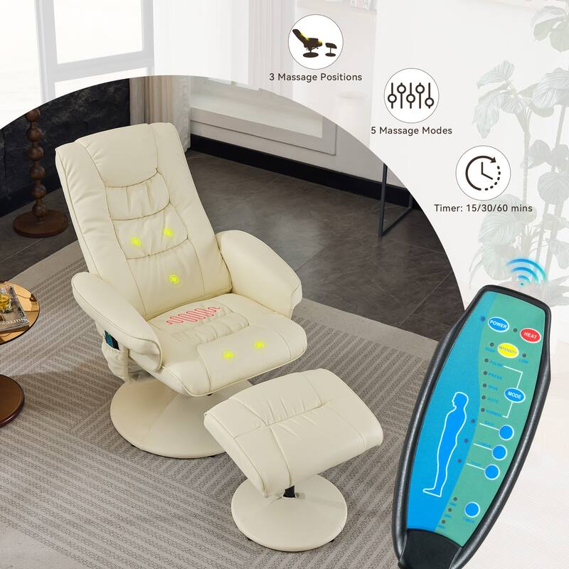 Swivel Recliner Chair with Ottoman, Heated Seat, 5-Point Vibration Massage and 140° Adjustable Backrest